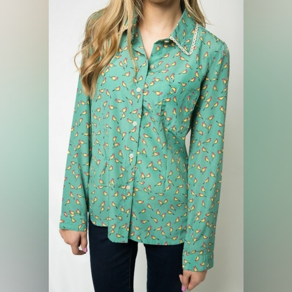 Knitted Dove Early Bird print long sleeved button up top - Picture 2 of 6